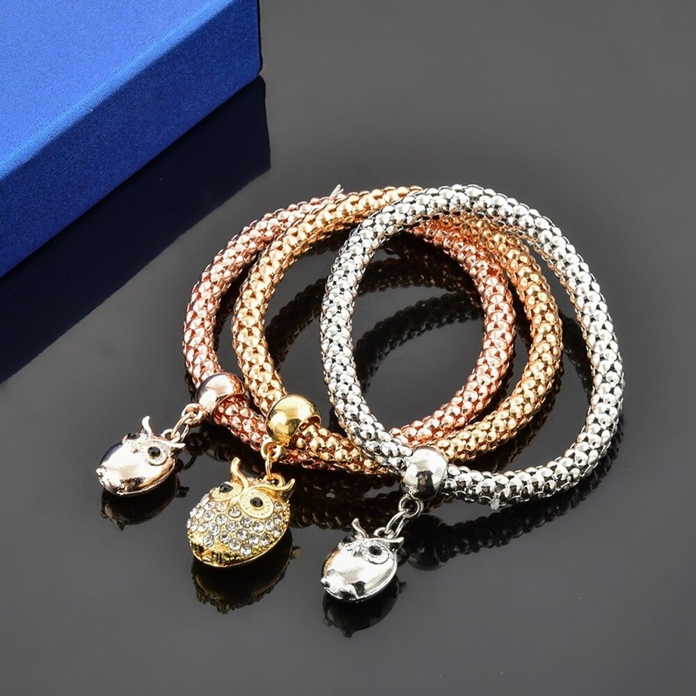 Tri-Tone Owl Charm Bracelet Set – Wise Sparkle Trio - Picture 14 of 15